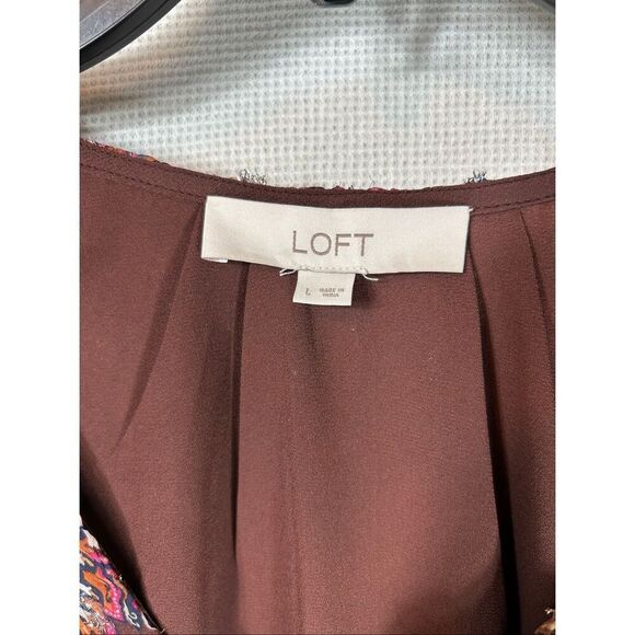 LOFT Metallic Floral Blouse Brown Red Sheer Boho Fall Top Long Sleeve Lined L - Picture 5 of 16